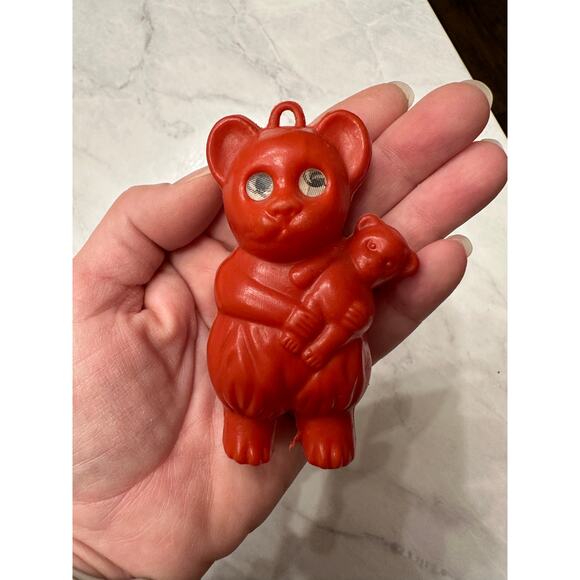 Teddy bear holding bear christmas vintage Hong Kong red ornament plastic eyes - Picture 1 of 5